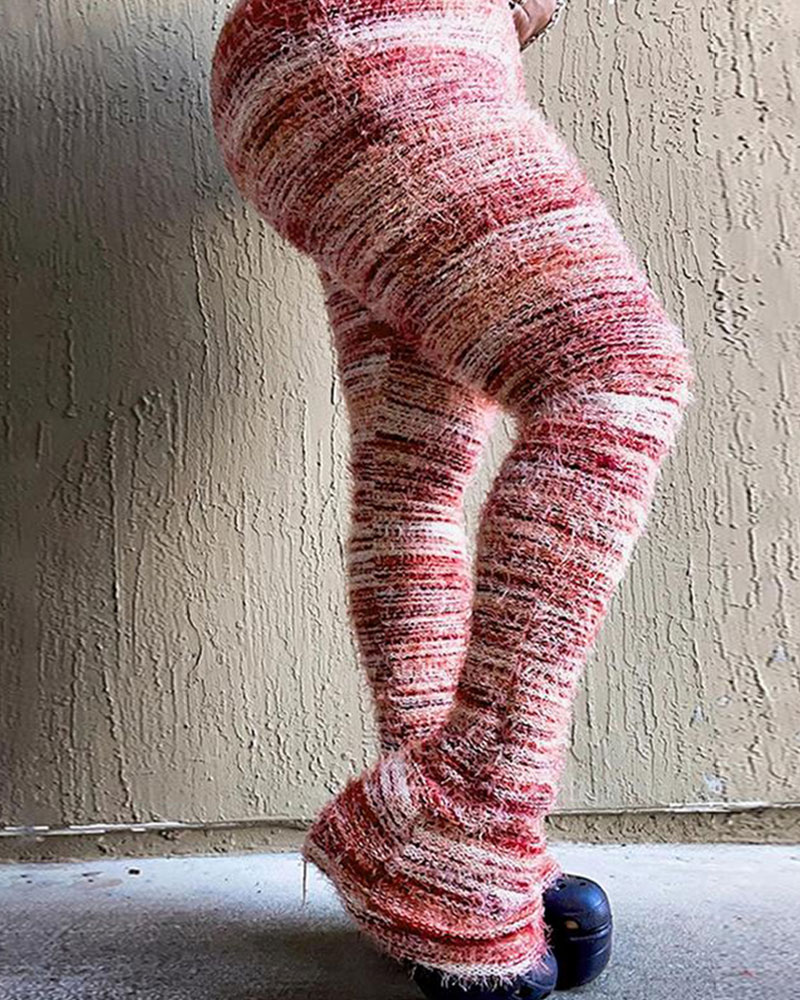 Vibecurve® Women's Striped Print Flare Leg Fuzzy Sweater Pants