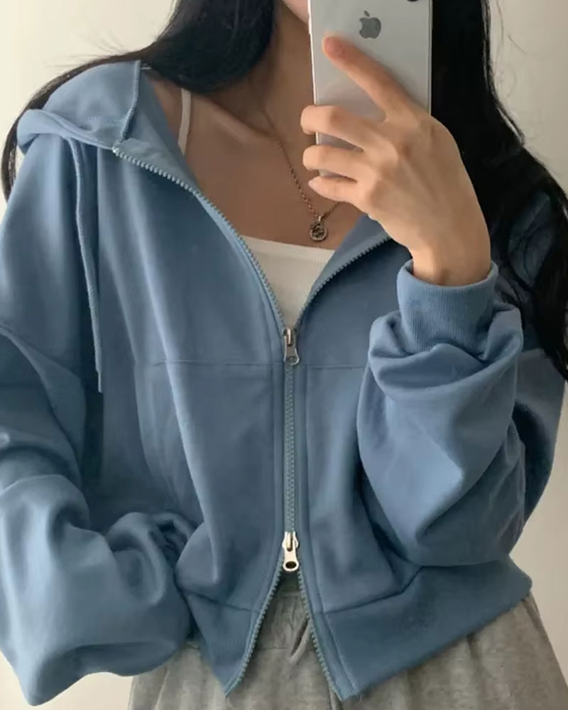 Vibecurve® Versatile Hooded Double Zipper Design Loose Casual Long Sve ort Sweatirt