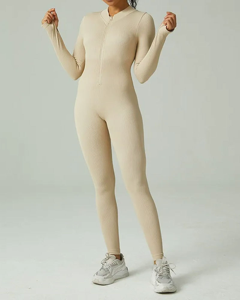 Vibecurve® Seamless Zipper Long Sleeve Tight Threaded One-Piece Yoga Suit For Women