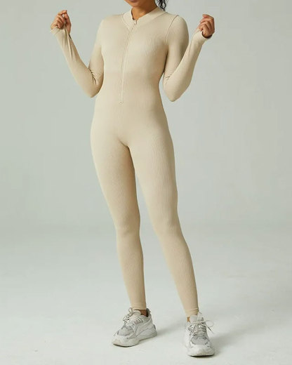 Vibecurve® Seamless Zipper Long Sleeve Tight Threaded One-Piece Yoga Suit For Women