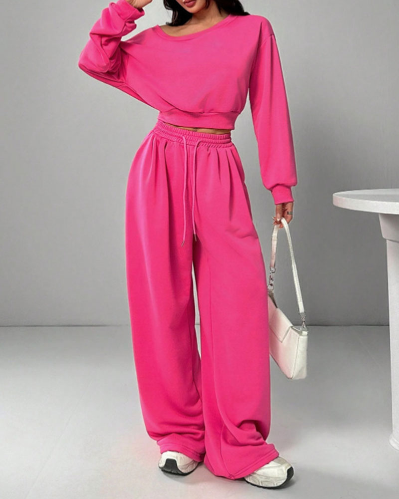 Vibecurve® Leisure Solid Color Sloping Shoulder Long Sleeve Top & Wide Leg Trousers Co-ord