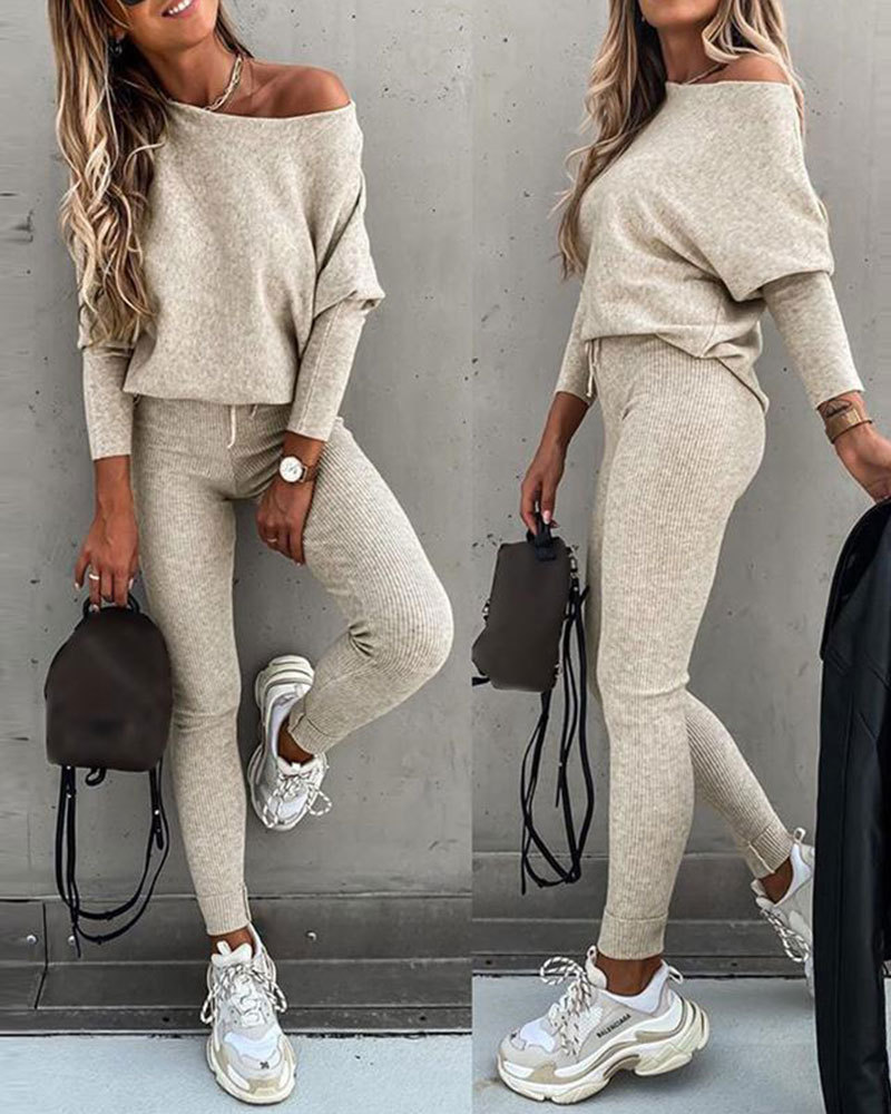 Vibecurve® Women's 2 Piece Lounge Outfit Long Sleeve Pullover Tops Drawstring High Waisted Pants Set