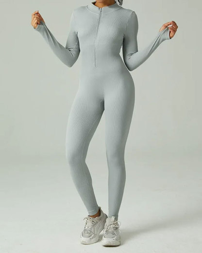 Vibecurve® Seamless Zipper Long Sleeve Tight Threaded One-Piece Yoga Suit For Women