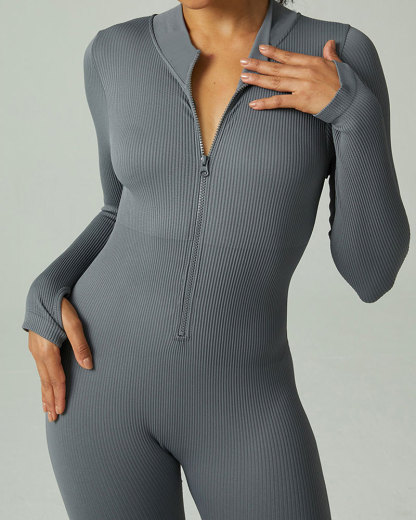 Vibecurve® Seamless Zipper Long Sleeve Tight Threaded One-Piece Yoga Suit For Women