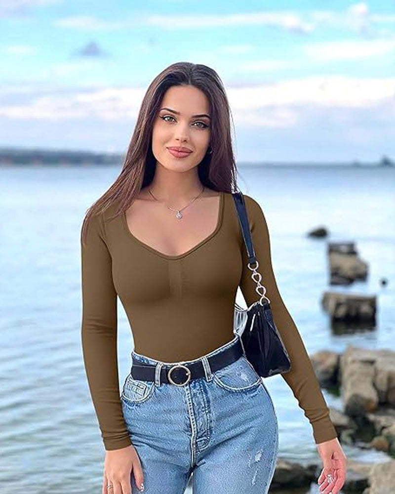 Vibecurve® Seamless Long Sleeve V-Neck Sculpting Bodysuit