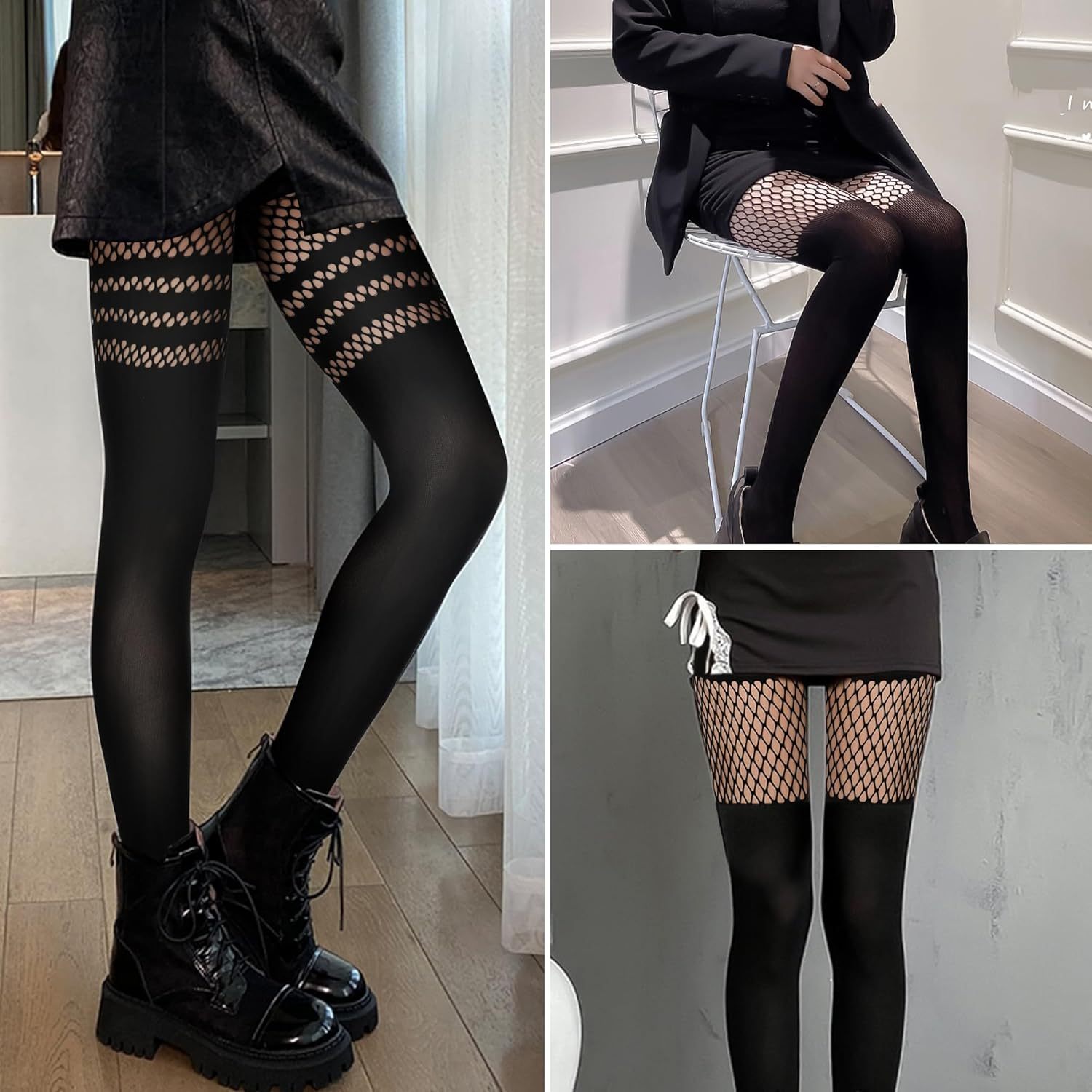 Womens Faux Thigh High Fishnet Stockings Stitching Opaque Pantyhose Mock Over the Knee Goth Striped Suspender Tights