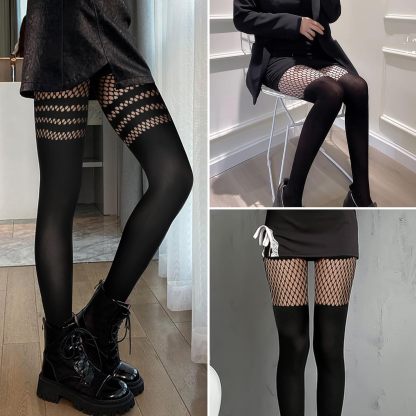 Womens Faux Thigh High Fishnet Stockings Stitching Opaque Pantyhose Mock Over the Knee Goth Striped Suspender Tights