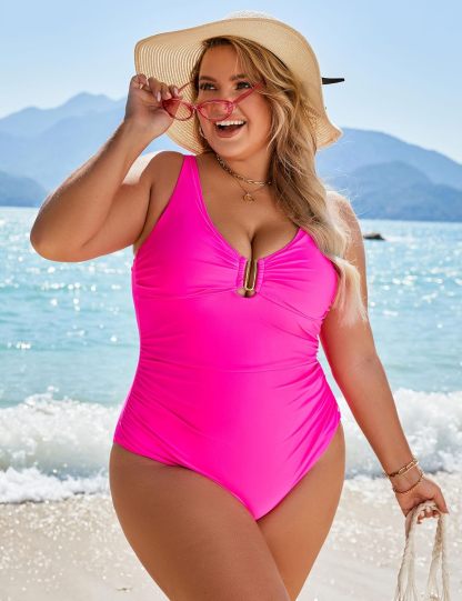 Vibecurve® Women's Tummy Control Swimsuits Ruched Slimming One Piece Bathing Suit Deep V Neck Swimsuit