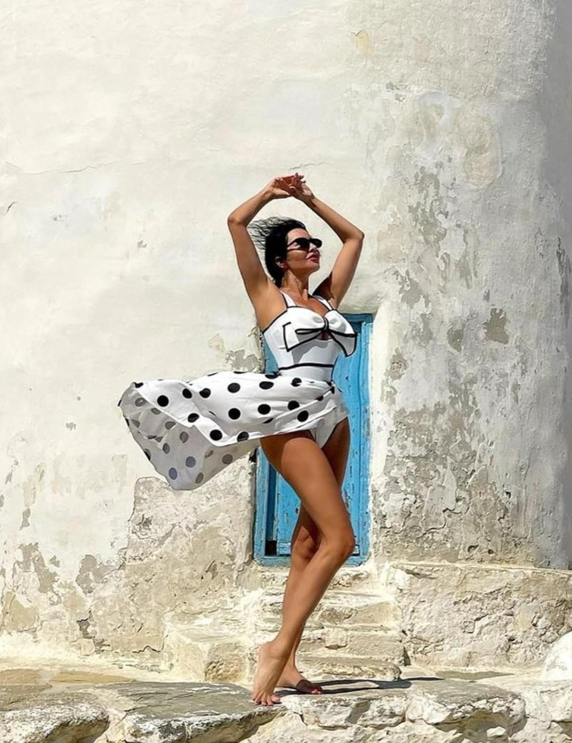 Vibecurve®Black and White Swimsuit Bow-tie Decor Women's Polka dot Print Skirt One Piece Bathing Suit with Skirt