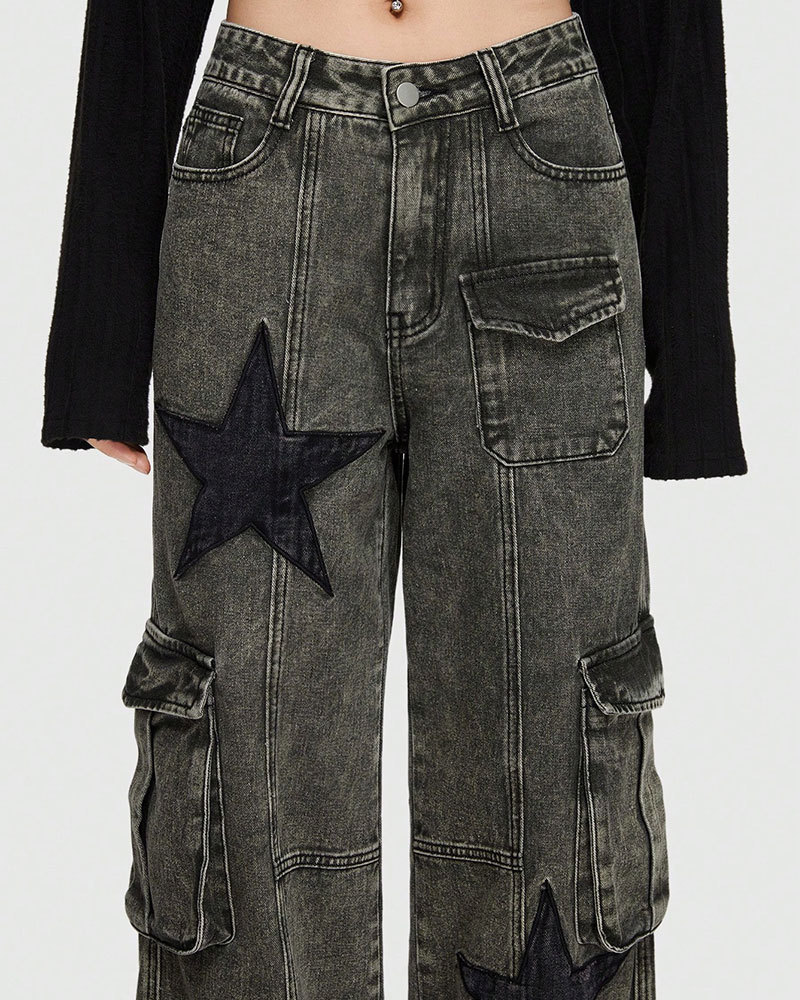 Vibecurve® Grunge Punk Star Print Flap Pocket Cargo Jeans