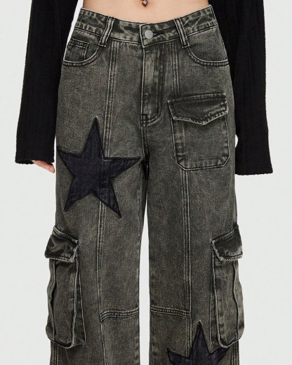 Vibecurve® Grunge Punk Star Print Flap Pocket Cargo Jeans