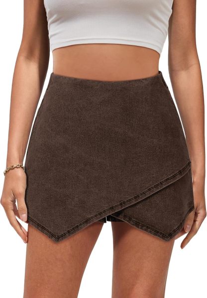luvamia Jean Skorts for Woman High Waisted Pull On Stretchy Denim Wrap Skirt with Shorts Trendy Asymmetrical Skort