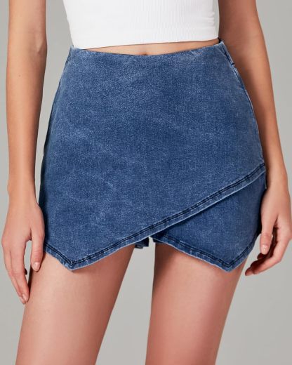 luvamia Jean Skorts for Woman High Waisted Pull On Stretchy Denim Wrap Skirt with Shorts Trendy Asymmetrical Skort