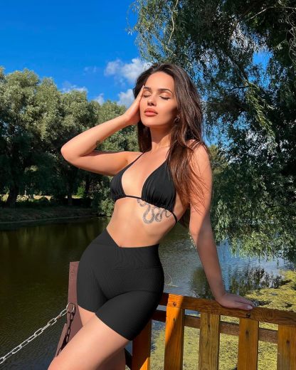 Women's 3 Piece Yoga Shorts Ribbed Seamless Workout High Waist Cross Over Athletic Leggings