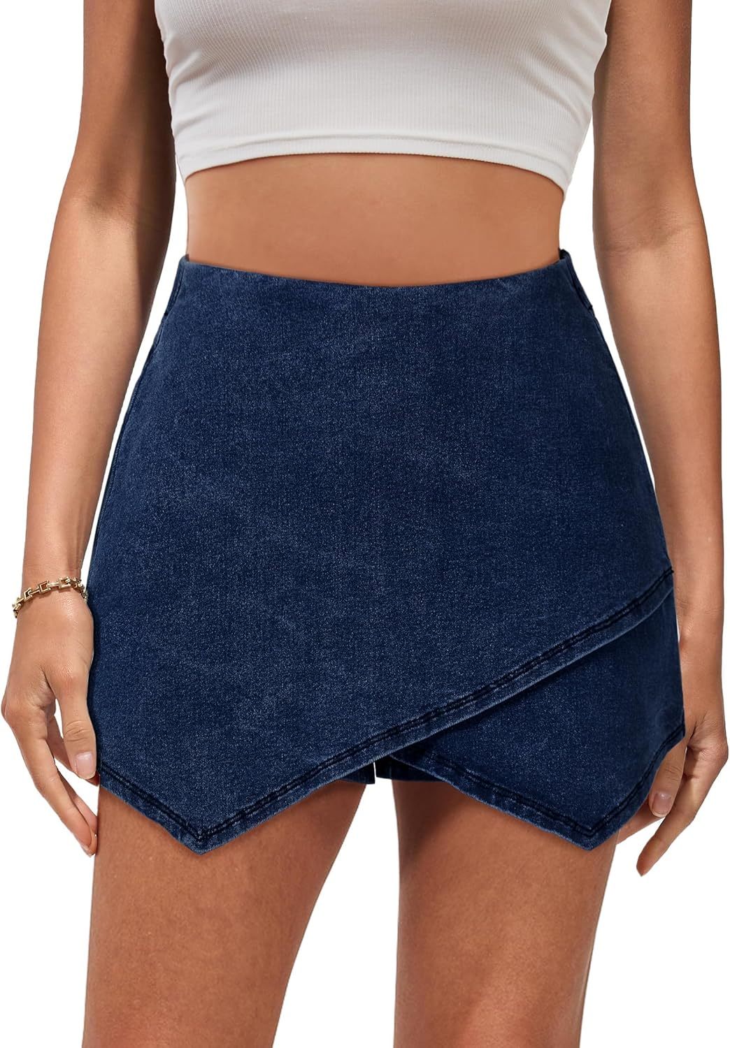 luvamia Jean Skorts for Woman High Waisted Pull On Stretchy Denim Wrap Skirt with Shorts Trendy Asymmetrical Skort