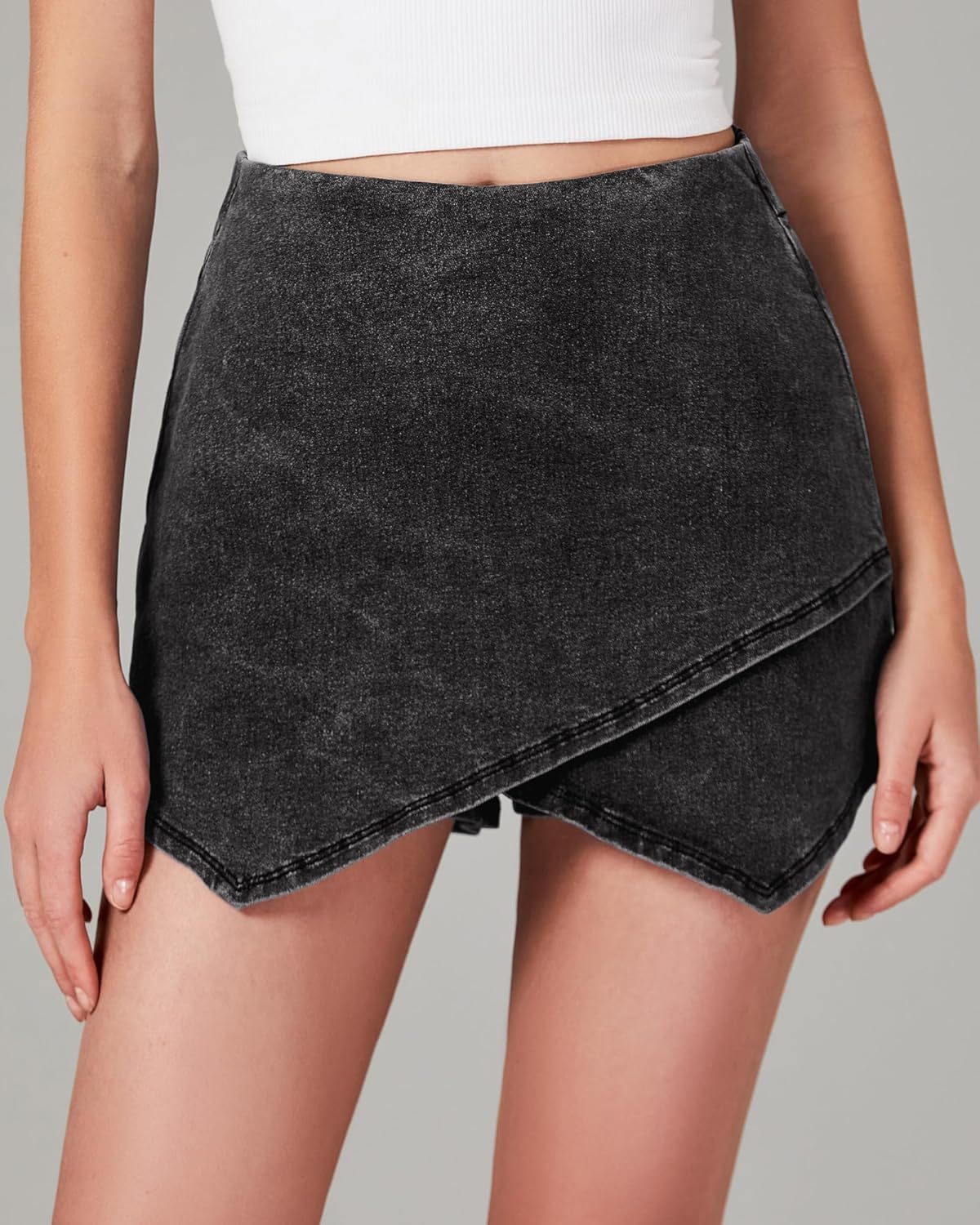 luvamia Jean Skorts for Woman High Waisted Pull On Stretchy Denim Wrap Skirt with Shorts Trendy Asymmetrical Skort