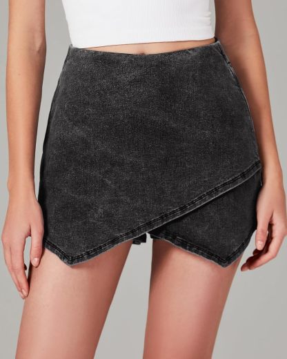luvamia Jean Skorts for Woman High Waisted Pull On Stretchy Denim Wrap Skirt with Shorts Trendy Asymmetrical Skort