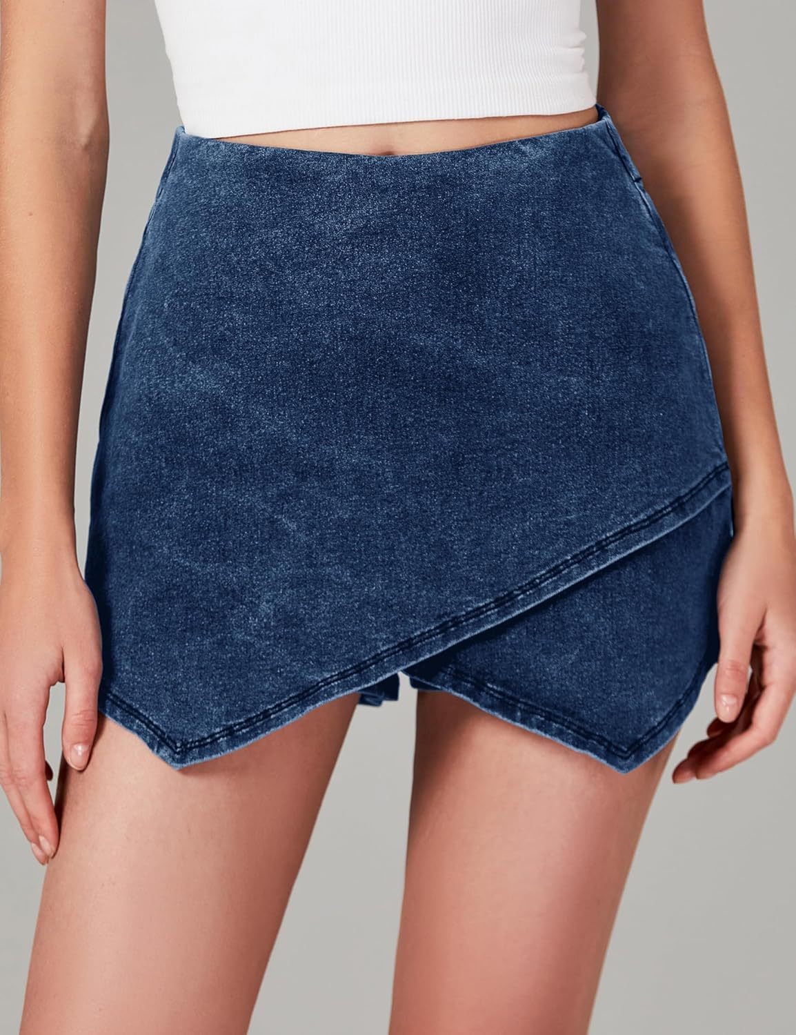 luvamia Jean Skorts for Woman High Waisted Pull On Stretchy Denim Wrap Skirt with Shorts Trendy Asymmetrical Skort