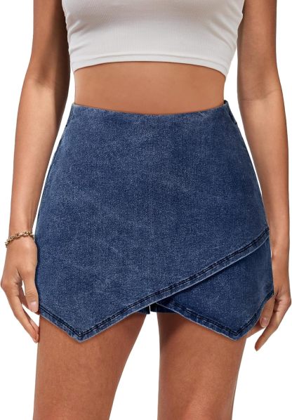 luvamia Jean Skorts for Woman High Waisted Pull On Stretchy Denim Wrap Skirt with Shorts Trendy Asymmetrical Skort