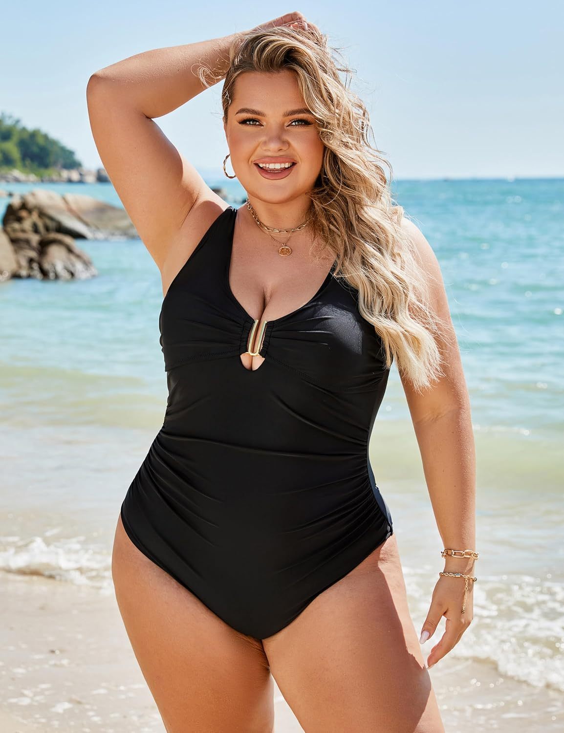 Vibecurve® Women's Tummy Control Swimsuits Ruched Slimming One Piece Bathing Suit Deep V Neck Swimsuit