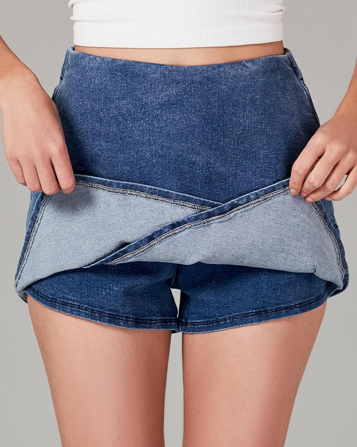 luvamia Jean Skorts for Woman High Waisted Pull On Stretchy Denim Wrap Skirt with Shorts Trendy Asymmetrical Skort