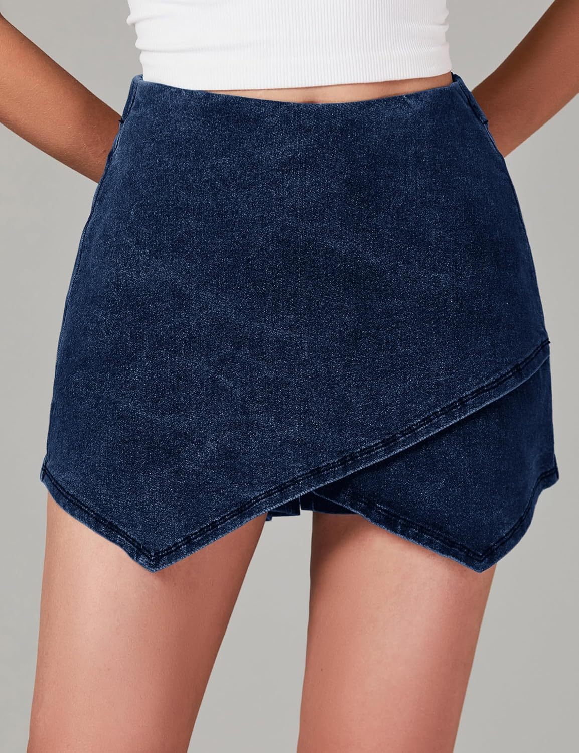 luvamia Jean Skorts for Woman High Waisted Pull On Stretchy Denim Wrap Skirt with Shorts Trendy Asymmetrical Skort