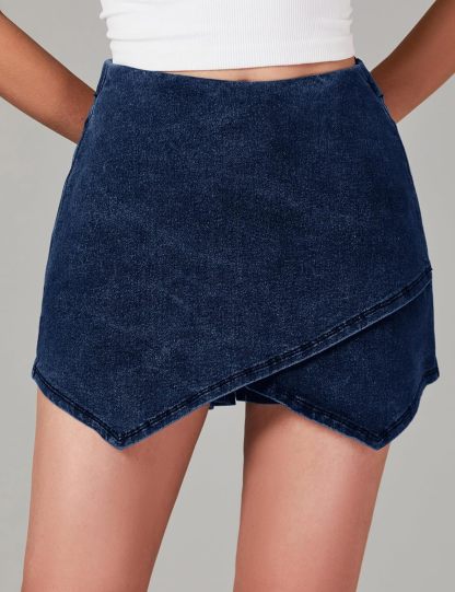 luvamia Jean Skorts for Woman High Waisted Pull On Stretchy Denim Wrap Skirt with Shorts Trendy Asymmetrical Skort