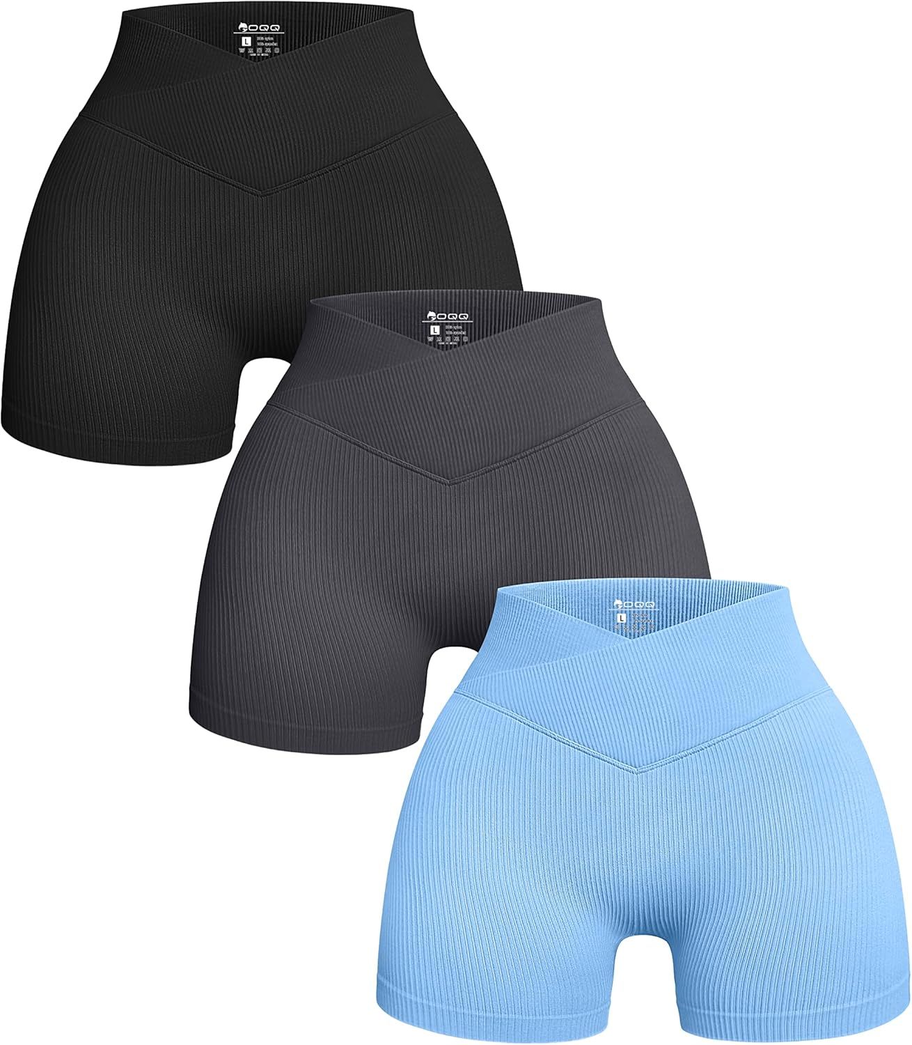 Women's 3 Piece Yoga Shorts Ribbed Seamless Workout High Waist Cross Over Athletic Leggings