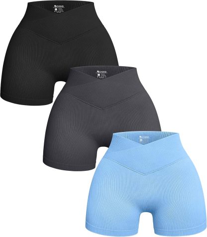 Women's 3 Piece Yoga Shorts Ribbed Seamless Workout High Waist Cross Over Athletic Leggings