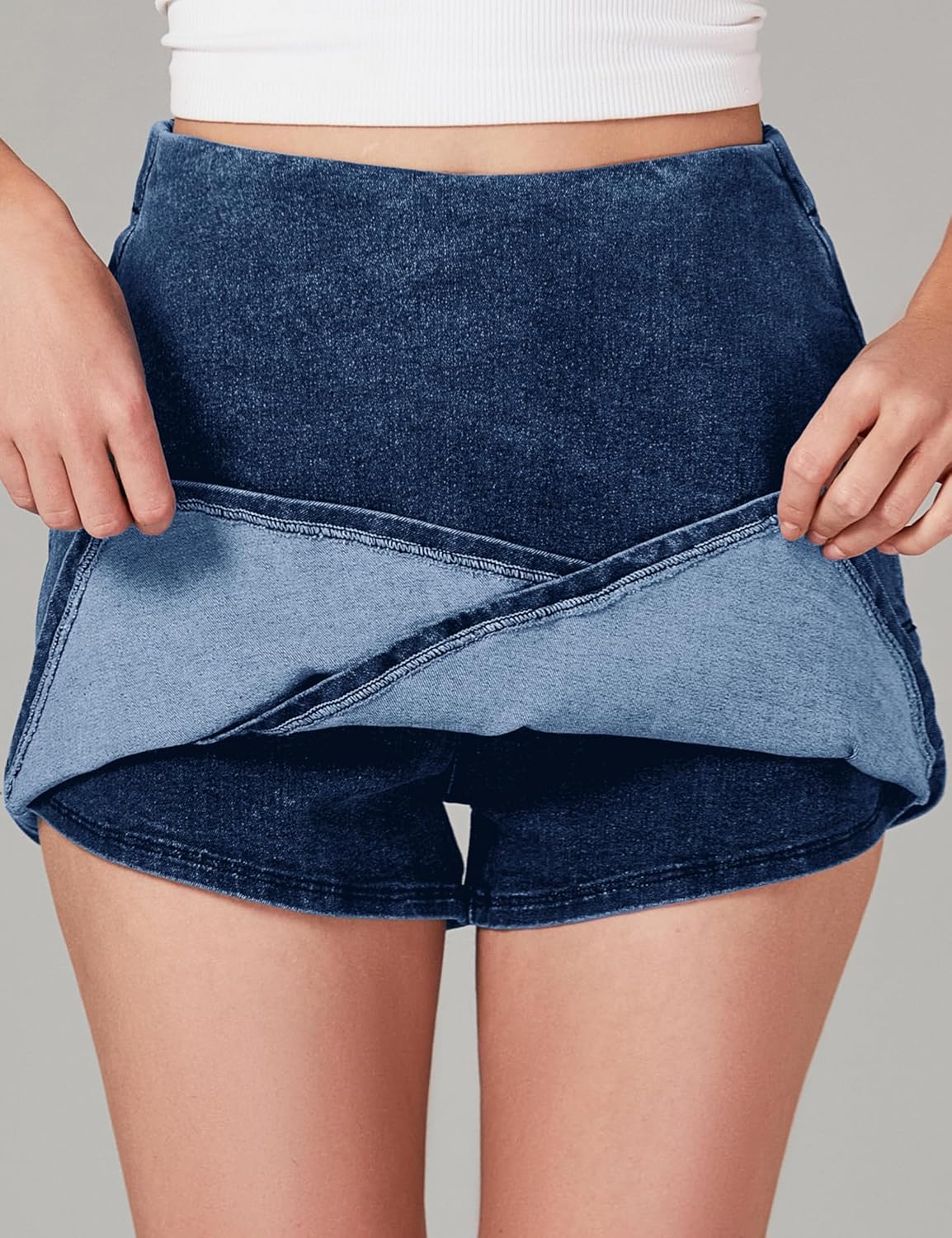 luvamia Jean Skorts for Woman High Waisted Pull On Stretchy Denim Wrap Skirt with Shorts Trendy Asymmetrical Skort