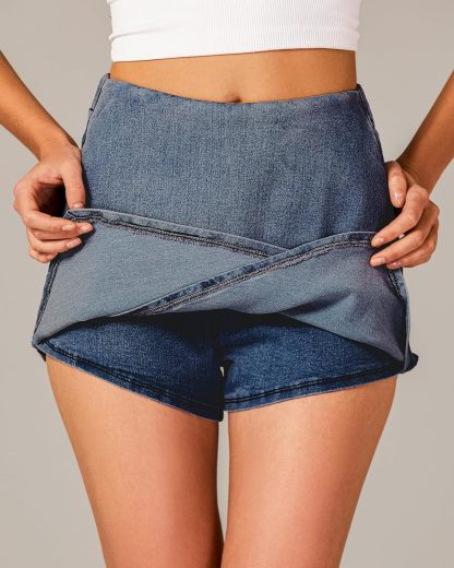 luvamia Jean Skorts for Woman High Waisted Pull On Stretchy Denim Wrap Skirt with Shorts Trendy Asymmetrical Skort