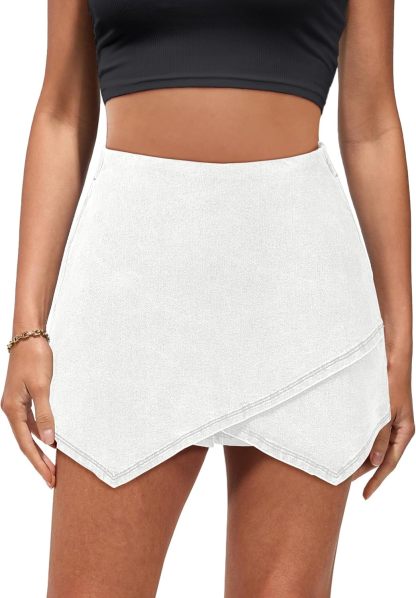 luvamia Jean Skorts for Woman High Waisted Pull On Stretchy Denim Wrap Skirt with Shorts Trendy Asymmetrical Skort