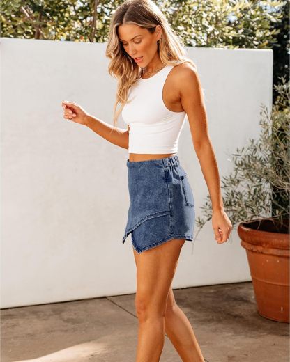 luvamia Jean Skorts for Woman High Waisted Pull On Stretchy Denim Wrap Skirt with Shorts Trendy Asymmetrical Skort