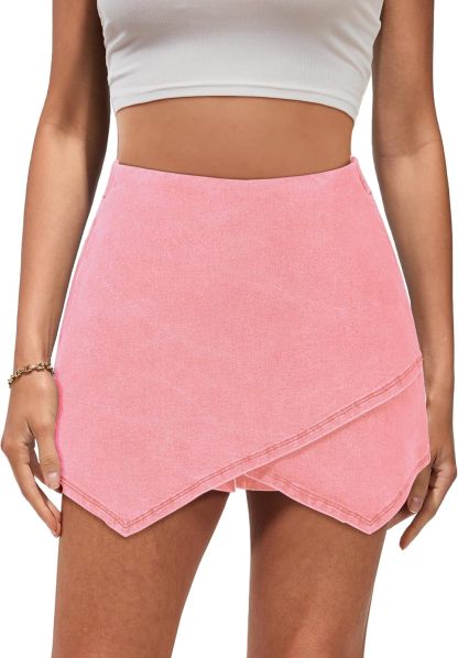 luvamia Jean Skorts for Woman High Waisted Pull On Stretchy Denim Wrap Skirt with Shorts Trendy Asymmetrical Skort