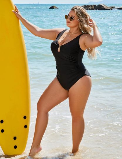 Vibecurve® Women's Tummy Control Swimsuits Ruched Slimming One Piece Bathing Suit Deep V Neck Swimsuit