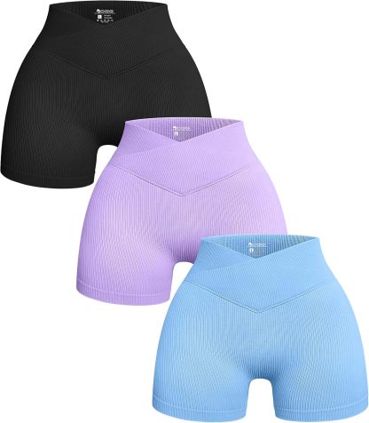 Women's 3 Piece Yoga Shorts Ribbed Seamless Workout High Waist Cross Over Athletic Leggings