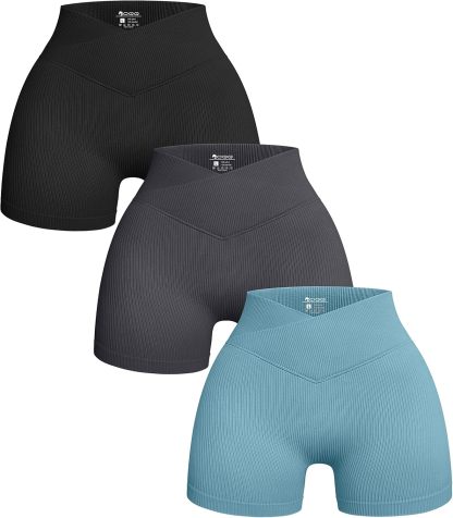 Women's 3 Piece Yoga Shorts Ribbed Seamless Workout High Waist Cross Over Athletic Leggings