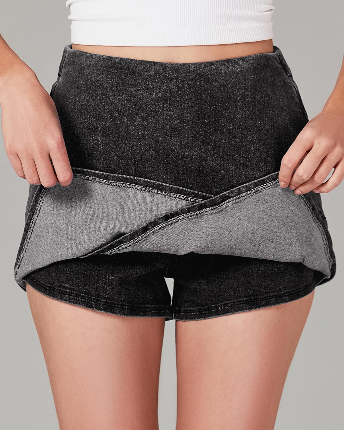 luvamia Jean Skorts for Woman High Waisted Pull On Stretchy Denim Wrap Skirt with Shorts Trendy Asymmetrical Skort