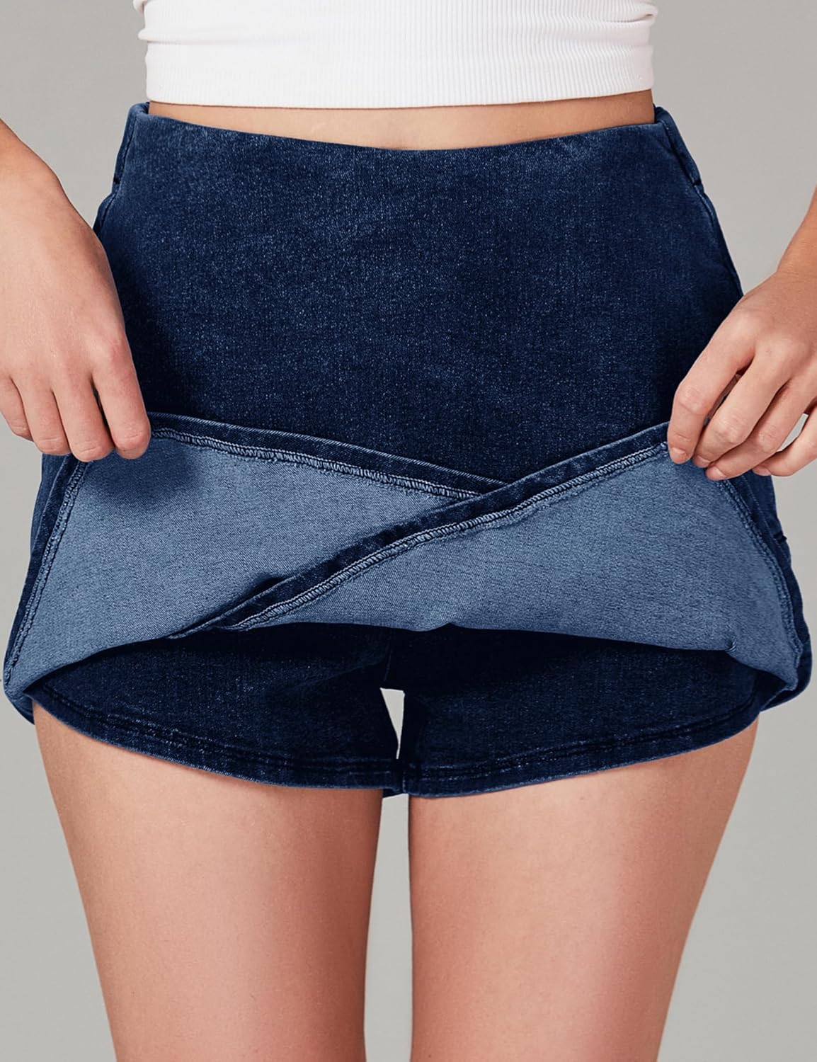 luvamia Jean Skorts for Woman High Waisted Pull On Stretchy Denim Wrap Skirt with Shorts Trendy Asymmetrical Skort