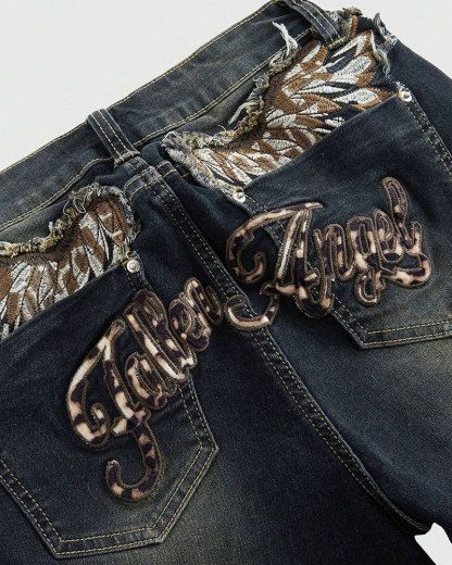 Vibecurve® J-Fashion Y2K Leopard Print Wing Font Vintage Denim Jeans