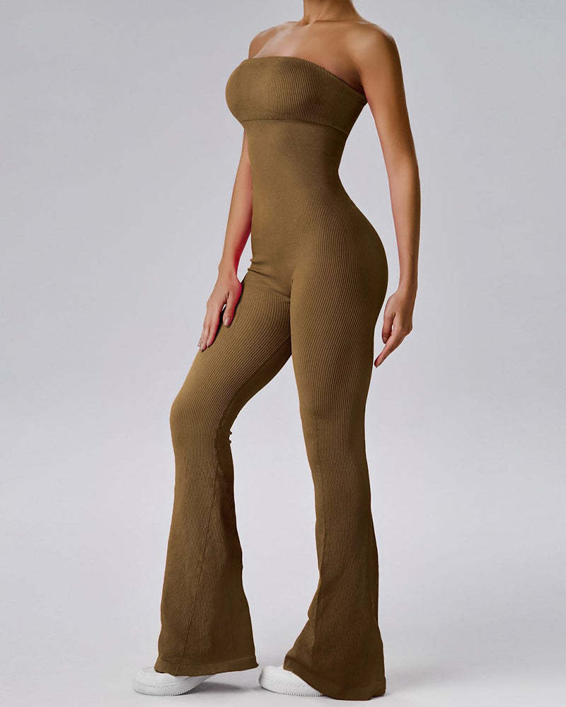 Vibecurve® Women's Ribbed Strapless Tube Top Flared Bottom Yoga Jumpsuit