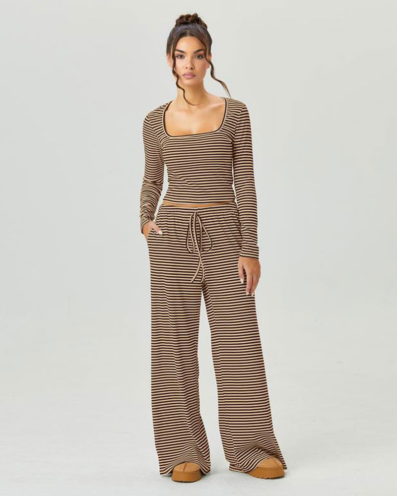 Vibecurve® Slouchy Square Neck Stripe Long Sleeve Crop Top & Low-Rise Wide Leg Trousers Co-ord