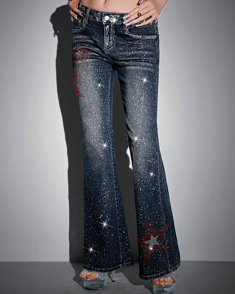 Vibecurve® Avant Y2K Sexy Low-Waist Skinny Star Foil Detail Flared Women Jeans