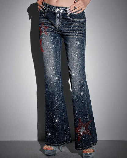 Vibecurve® Avant Y2K Sexy Low-Waist Skinny Star Foil Detail Flared Women Jeans