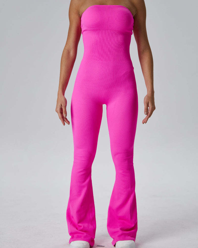 Vibecurve® Women's Ribbed Strapless Tube Top Flared Bottom Yoga Jumpsuit