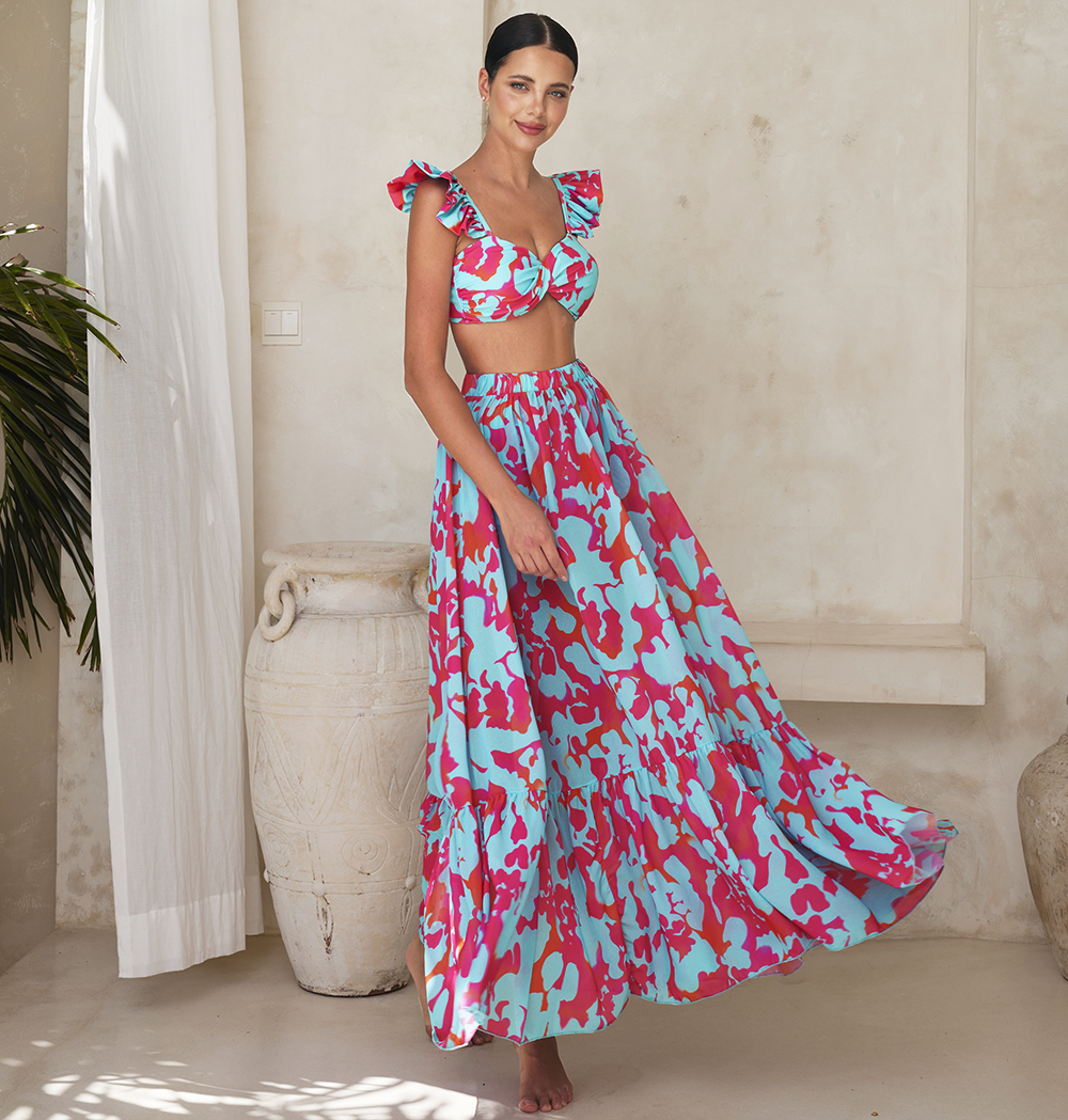 Printed Ruffle Bikini Swimsuit and Skirt