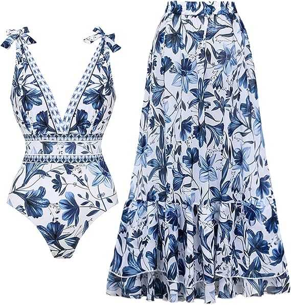 FLAXMAKER Blue and White V Neck Lace Up Strip Plant Prints One Piece Swimsuit and Skirt/Sarong