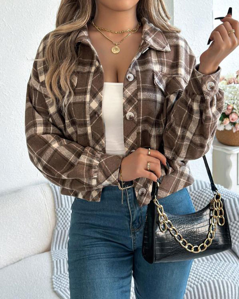 Vibecurve® Women's Chic Plaid Print Button Front Drop Shoulder Jacket