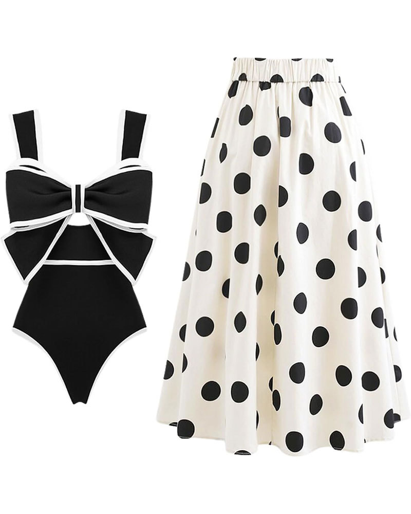 Vibecurve®Black and White Swimsuit Bow-tie Decor Women's Polka dot Pri