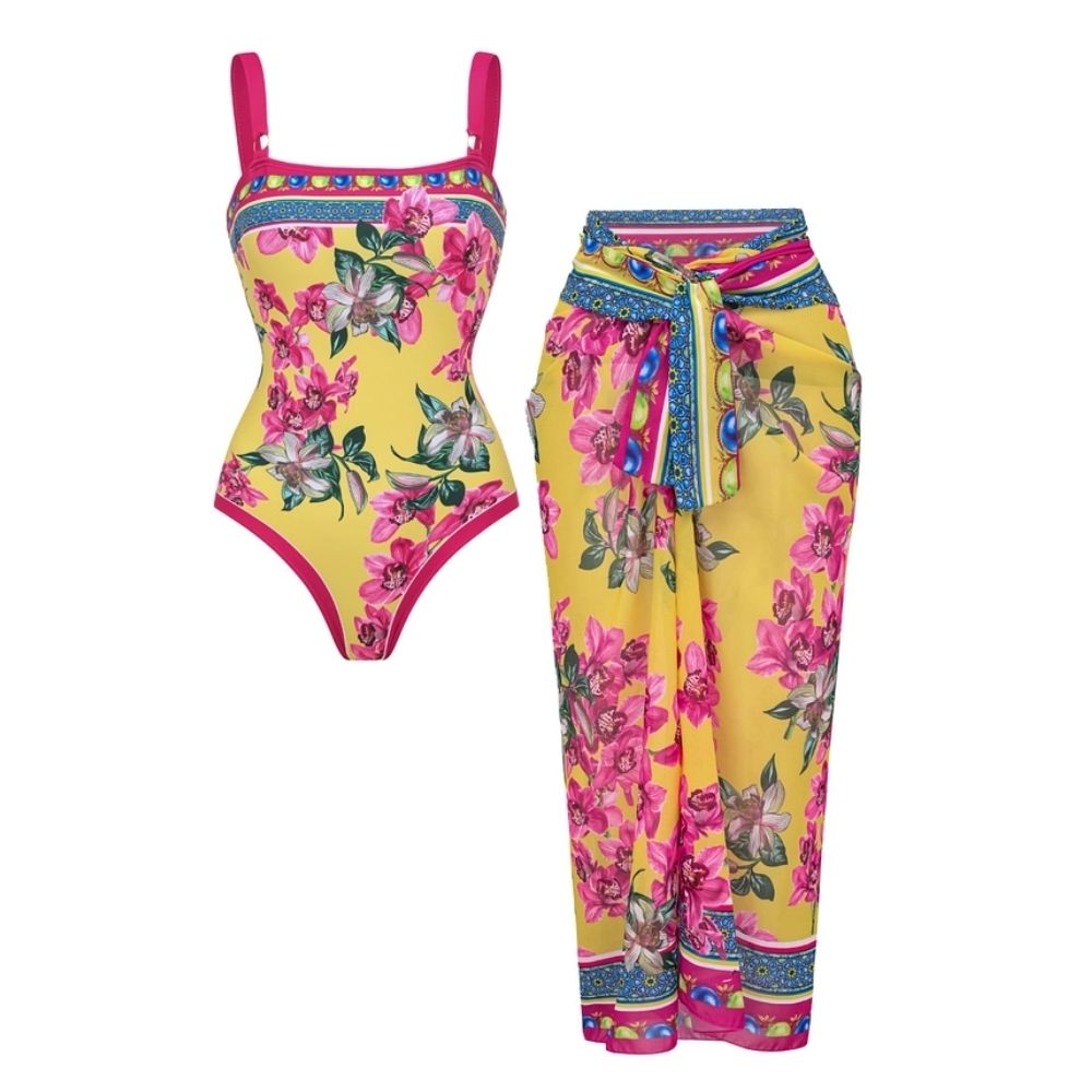 Orchid Print One Piece Swimsuit and Sarong